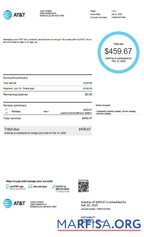 Blank USA AT&T utility bill template in Word and PDF formats, version 3